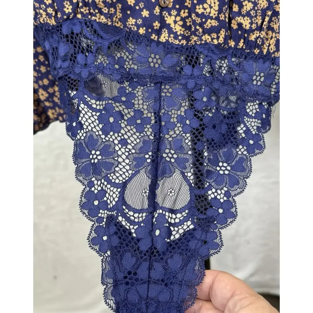 Intimately Free People Bodysuit Women’s Sz M Dainty Blue Floral Blouse Boho Lace - Picture 5 of 16
